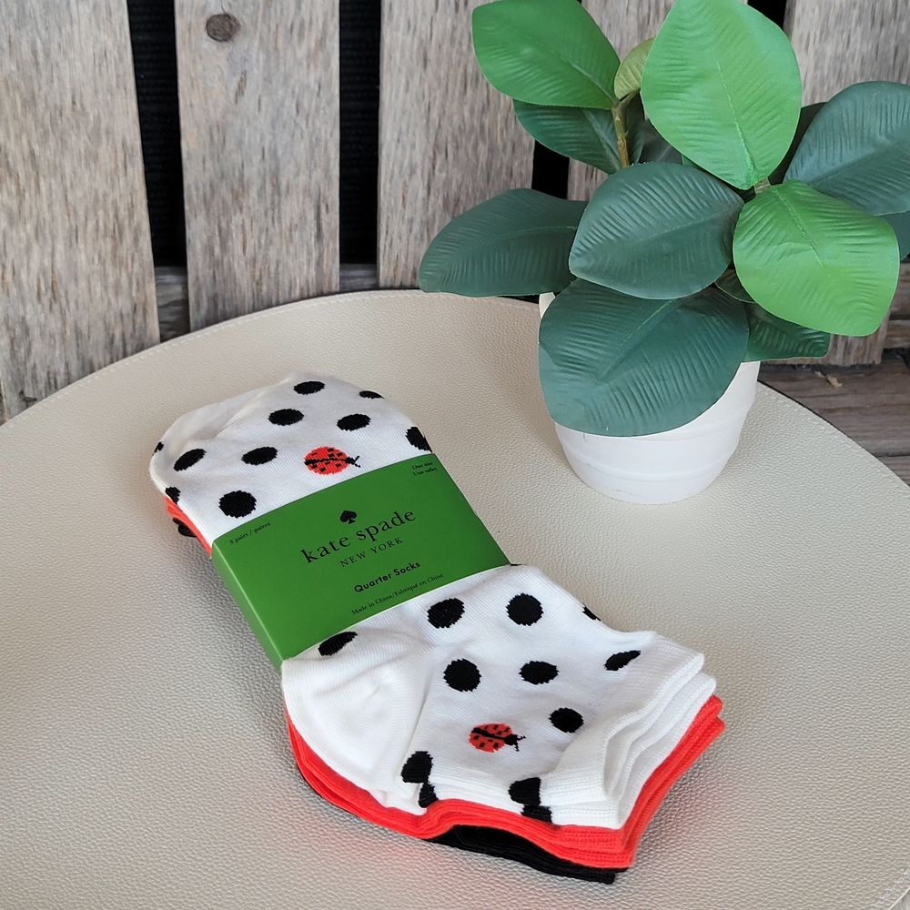 Kate Spade Ladybug White Crew Socks, Solid Red & Black 3 pair - Picture 9 of 10